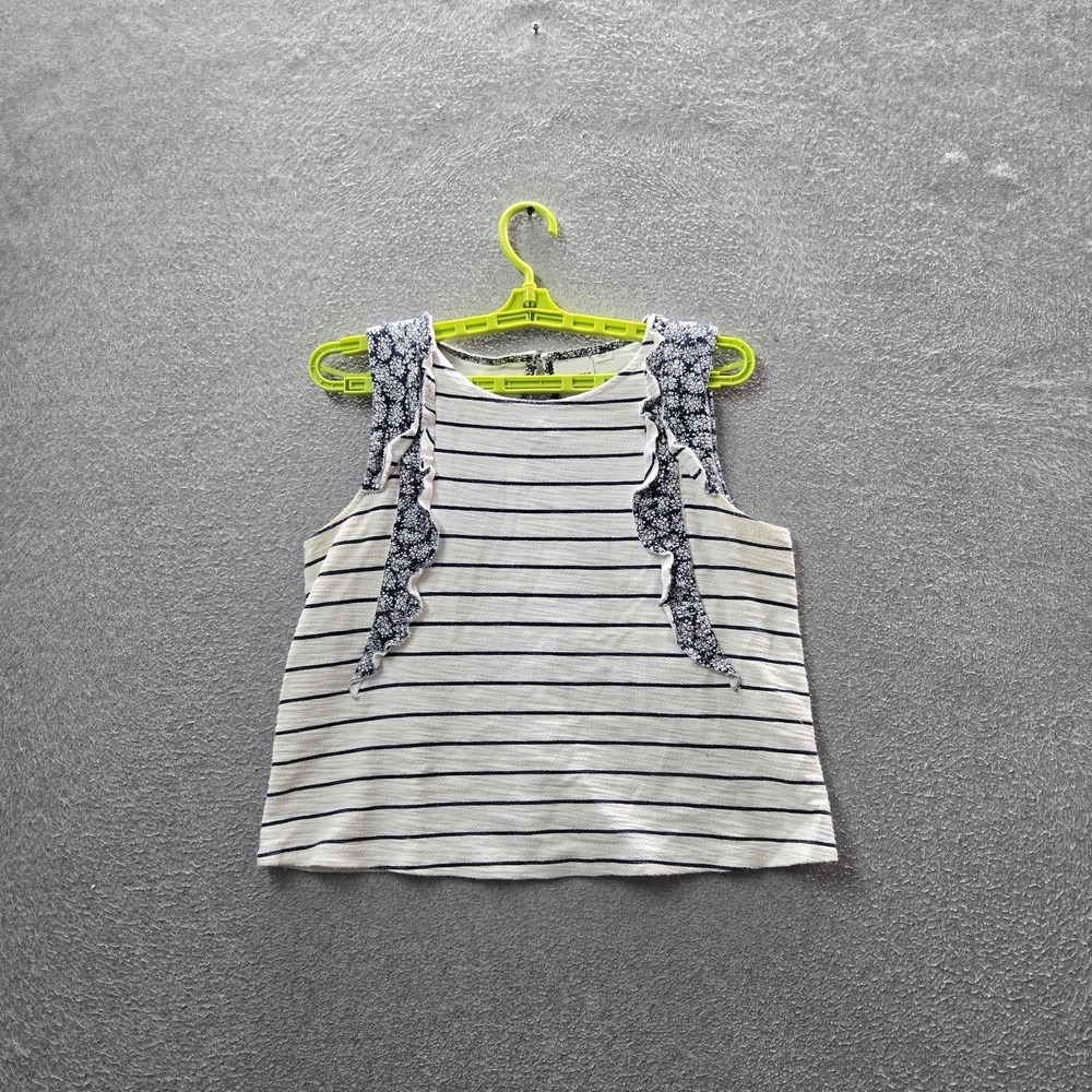 Postmark Women Tank Top XS Anthropologie White Striped Ruffle Flutterwork Sleeve